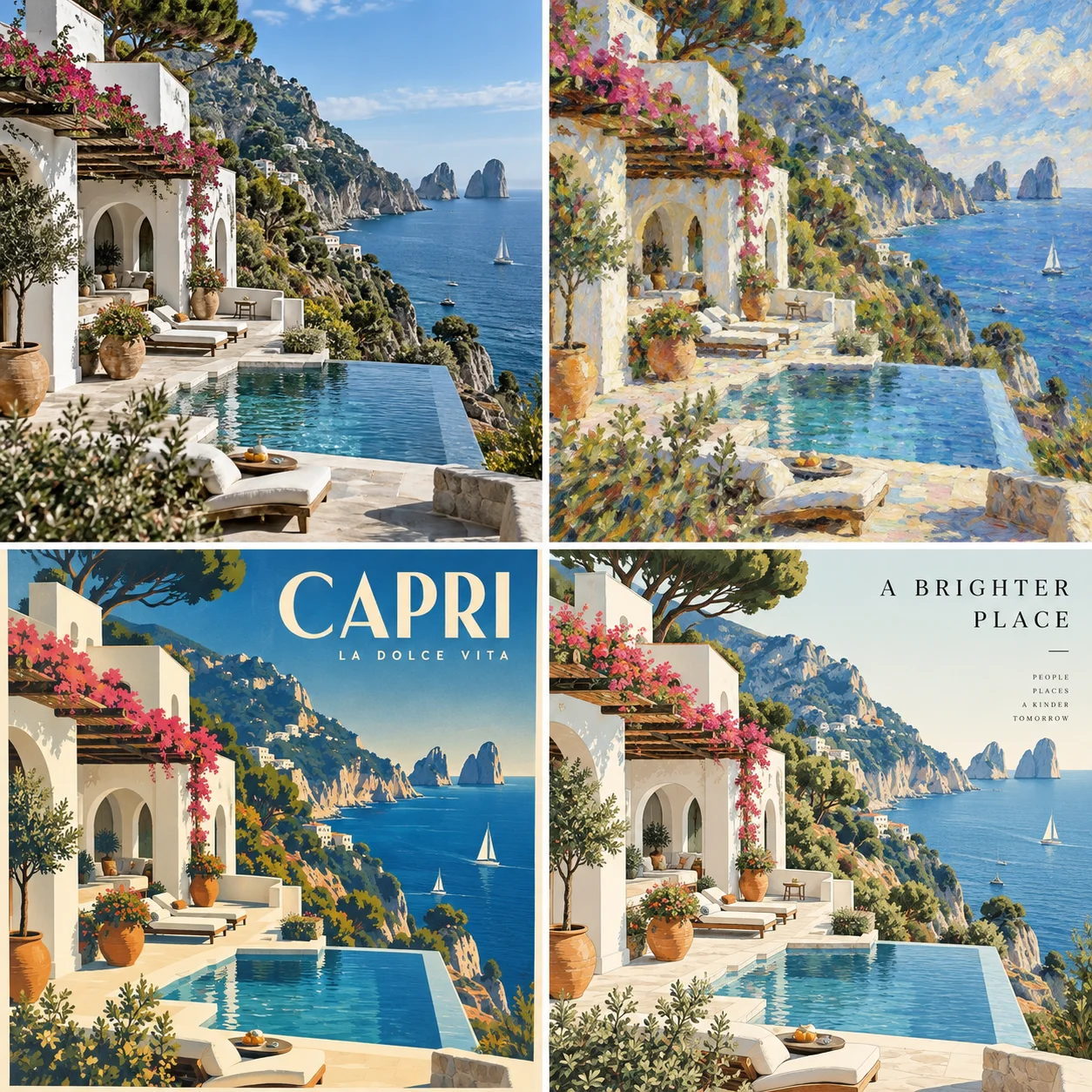 Four-frame travel poster set, consistent style